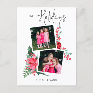Pretty Pink Poinsettia & Holly 2-Photo Holiday Postcard