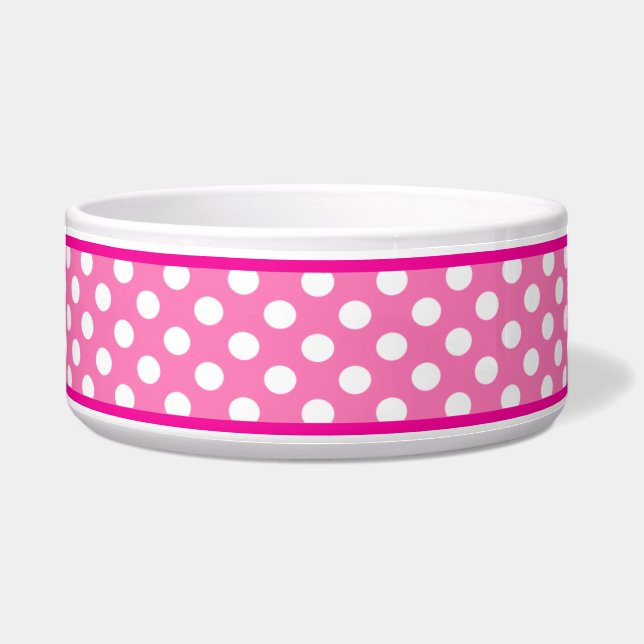 Pretty Pink Polka Dot Pattern Ceramic Dog Bowl (Front)
