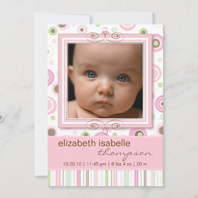 Pretty Pink Polka Dot & Stripes Baby Announcement (Front)