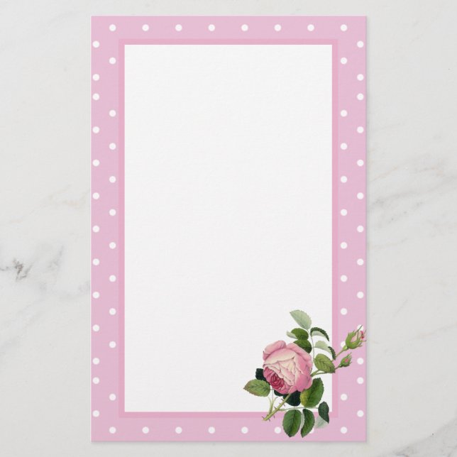 Pretty Pink Polka Dot Vintage Pink Rose Stationery (Front)