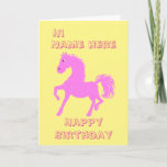 Pretty Pink Pony, Girls birthday Card<br><div class="desc">A name front, age inside left, extra message inside right. Fully customizable birthday card for any girl. A cute pink pony, fancy lettering and make it really special by adding her name on the front and age inside. Make it even more wonderful by adding a matching button, tee shirt or...</div>