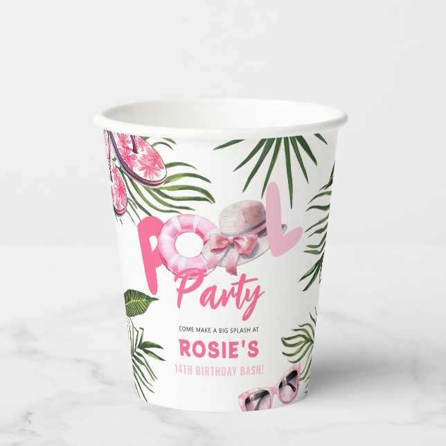Pretty Pink Pool Party Girl Birthday  Paper Cups (Front)