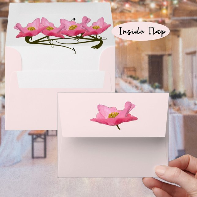 Pretty Pink Poppy Photograph Envelopes (Floral design featured inside & outside flap. Select a printed background color for the envelope.)