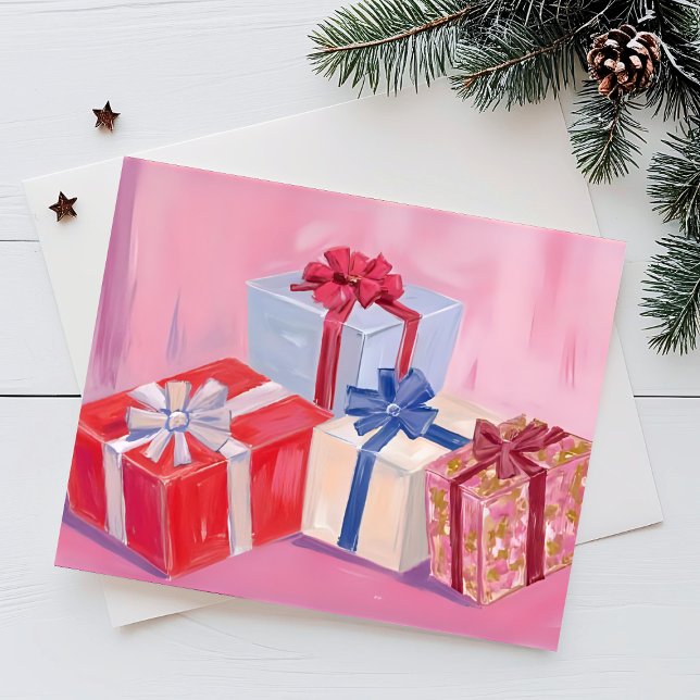 Pretty Pink Presents | Christmas Gifts Watercolor Holiday Postcard (Creator Uploaded)