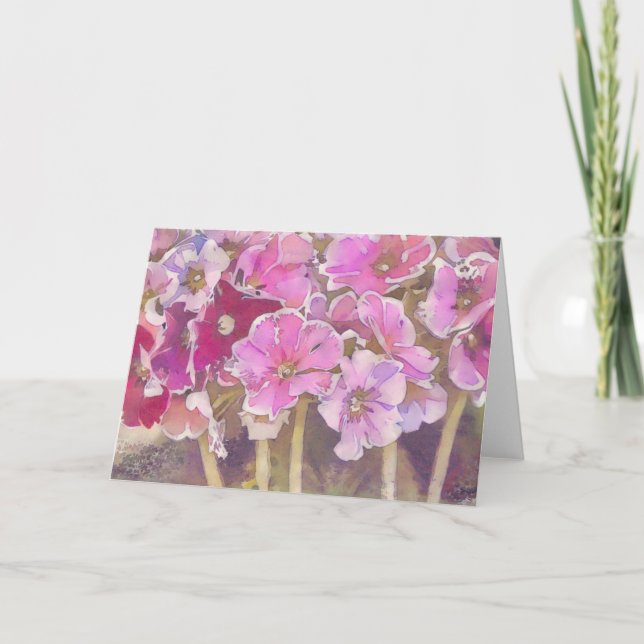 Pretty Pink Primrose Flowers Art Note Card (Front)
