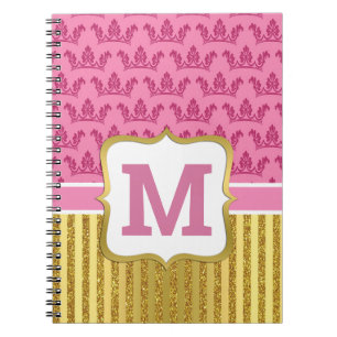 Pretty Pink Princess Crowns & Gold Glitter Stripes Notebook