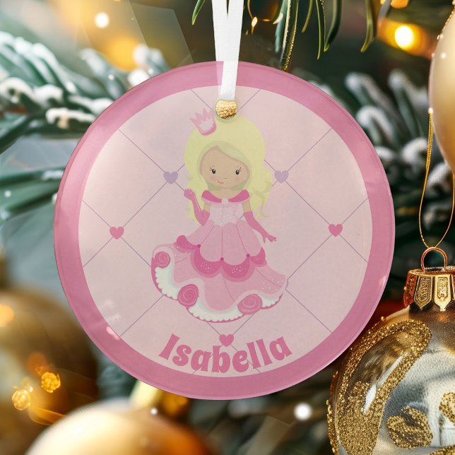 Pretty Pink Princess Custom Blonde Girl Christmas Glass Tree Decoration (Creator Uploaded)