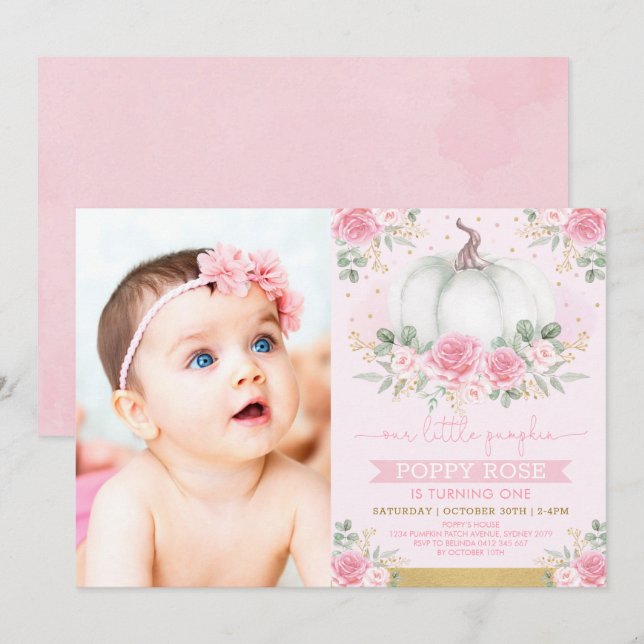 Pretty Pink Pumpkin Fall Floral Greenery Birthday Invitation (Front/Back)