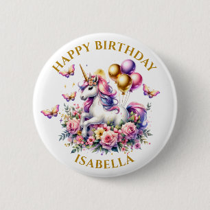 Pretty Pink, Purple and Gold Unicorn Birthday 6 Cm Round Badge