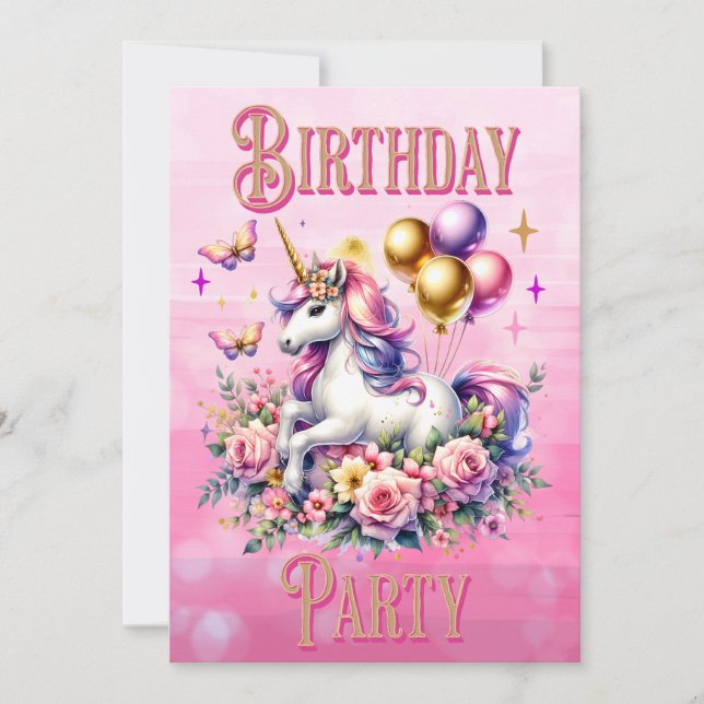 Pretty Pink, Purple and Gold Unicorn Birthday  Invitation (Front)
