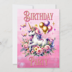 Pretty Pink, Purple and Gold Unicorn Birthday  Invitation