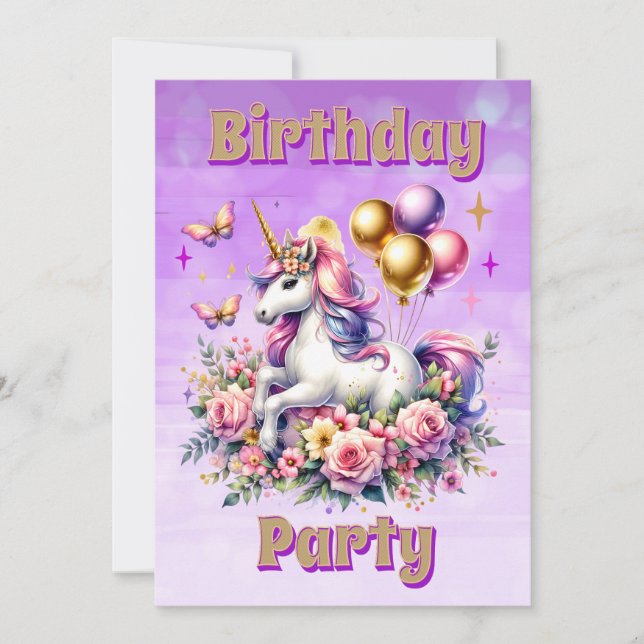 Pretty Pink, Purple and Gold Unicorn Birthday  Invitation (Front)
