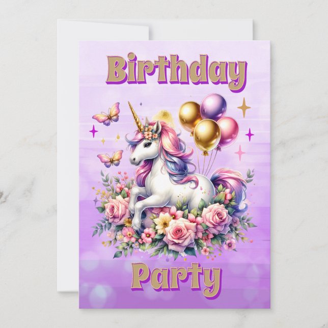Pretty Pink, Purple and Gold Unicorn Birthday  Invitation (Front)