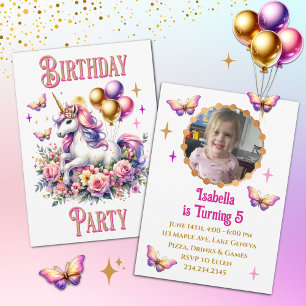 Pretty Pink, Purple and Gold Unicorn Birthday Invitation
