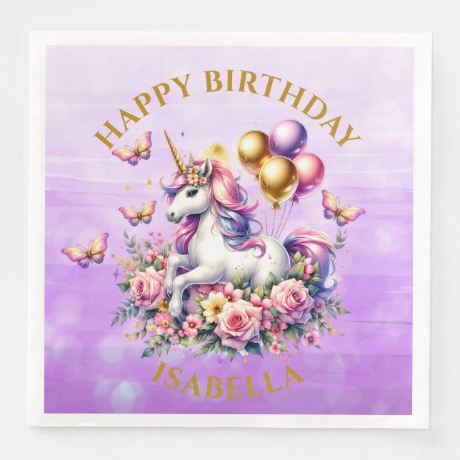 Pretty Pink, Purple and Gold Unicorn Birthday  Napkin (Front)