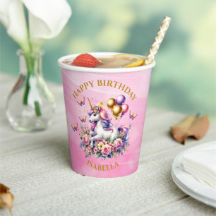 Pretty Pink, Purple and Gold Unicorn Birthday Paper Cups