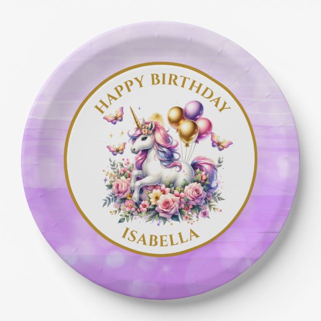 Pretty Pink, Purple and Gold Unicorn Birthday  Paper Plate (Front)