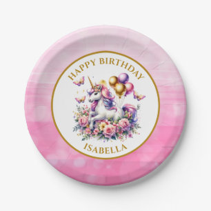 Pretty Pink, Purple and Gold Unicorn Birthday Paper Plate