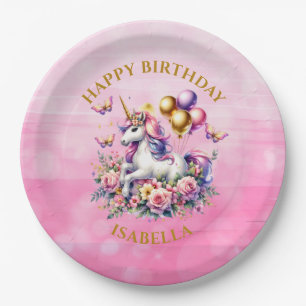 Pretty Pink, Purple and Gold Unicorn Birthday Paper Plate