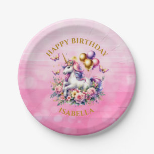 Pretty Pink, Purple and Gold Unicorn Birthday  Paper Plate