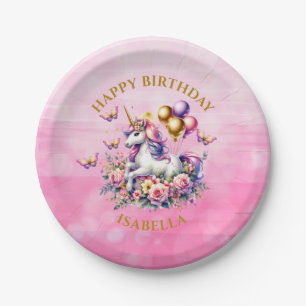Pretty Pink, Purple and Gold Unicorn Birthday Paper Plate