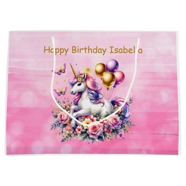 Pretty Pink, Purple and Gold Unicorn Birthday Part Large Gift Bag (Front)