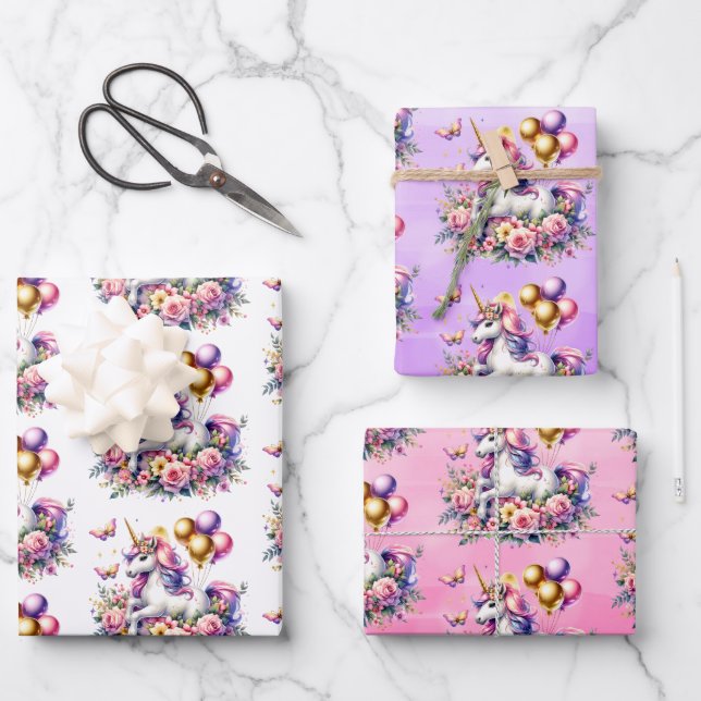 Pretty Pink, Purple and Gold Unicorn Birthday Part Wrapping Paper Sheet (Front)