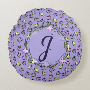 Pretty Pink Purple and Yellow Pansies Round Cushion