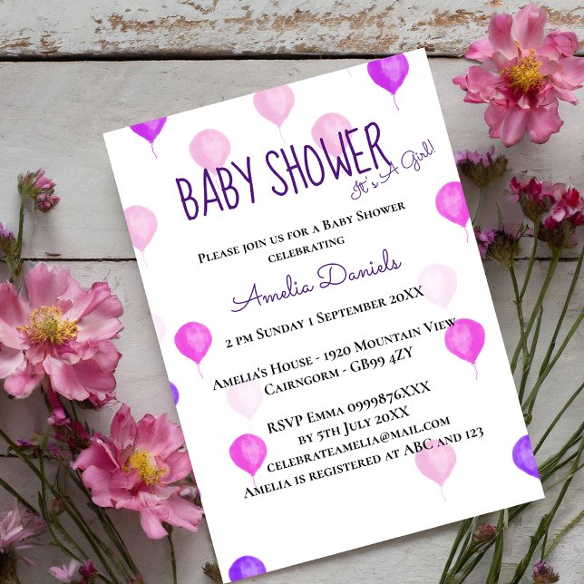 Pretty Pink Purple Balloon Baby Shower Invitation (Creator Uploaded)