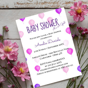Pretty Pink Purple Balloon Baby Shower Invitation