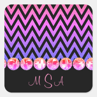 Pretty Pink Purple Bling Glam Chevron Monogram Square Sticker