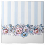 Pretty Pink, Purple & Blue Flowers & Stripes Tile<br><div class="desc">Pretty vintage-inspired design featuring rows of vertical blue and white stripes with colourful border of pink,  blue and purple flowers with dark outlines.</div>