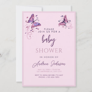 Pretty Pink Purple Butterfly Baby Shower Party Invitation
