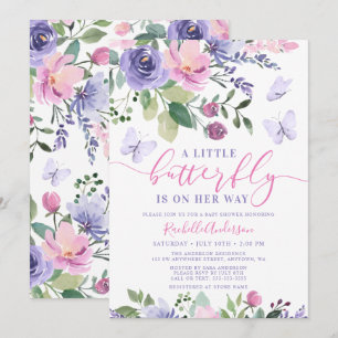 Pretty Pink Purple Butterfly Girl Baby Shower Invitation