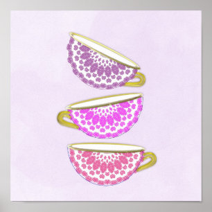 Pretty Pink Purple China Tea Cups Wall Art Poster