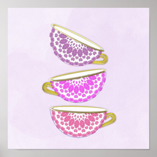 Pretty Pink Purple China Tea Cups Wall Art Poster (Front)