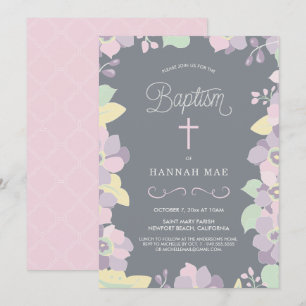 Pretty Pink, Purple Floral Baptism Invite w/ Cross