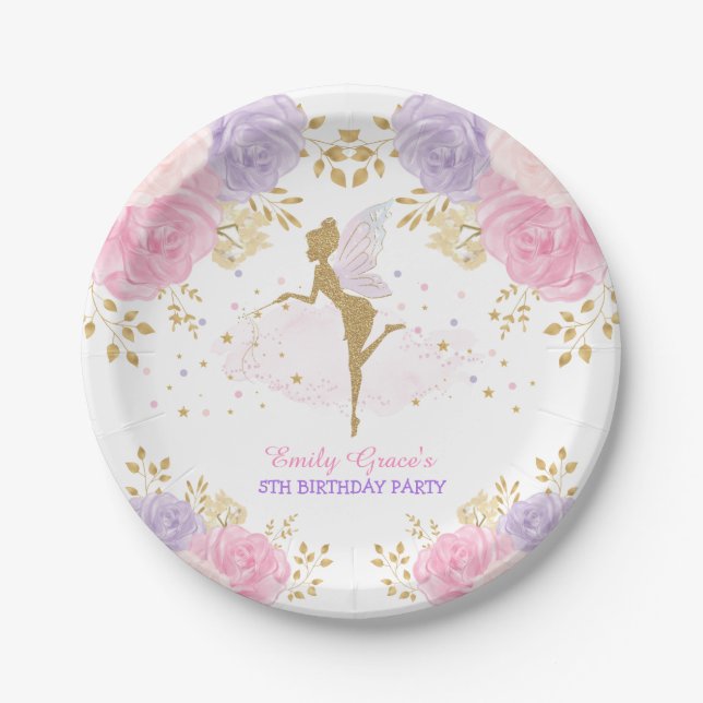 Pretty Pink Purple Floral Fairy Baby Girl Birthday Paper Plate (Front)