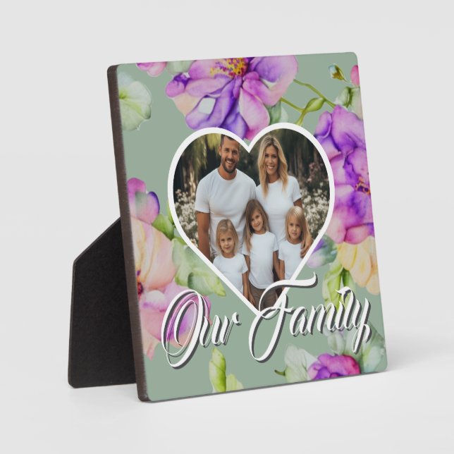 Pretty pink purple floral Family photo template Plaque (Front)