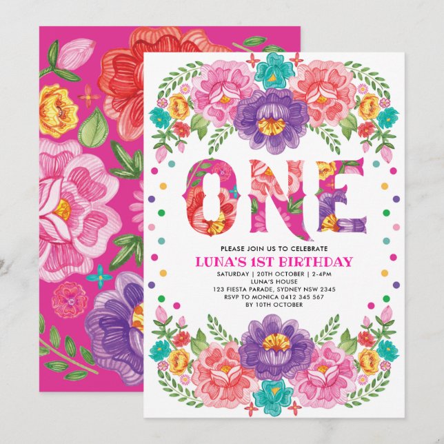 Pretty Pink Purple Floral Fiesta Girl 1st Birthday Invitation (Front/Back)