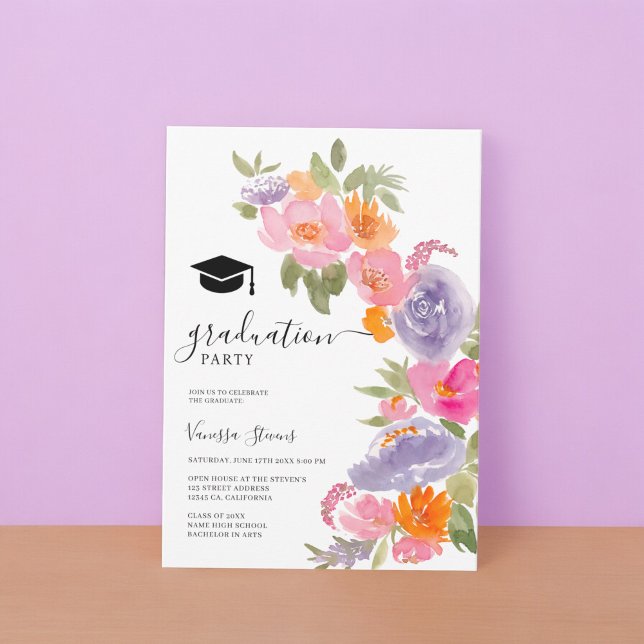 Pretty pink purple floral photo graduation invitation (Pretty pink purple floral photo graduation invitation)