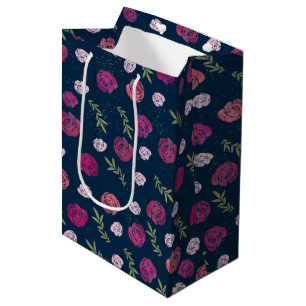 Pretty Pink & Purple Floral Roses Leaves Blue Medium Gift Bag