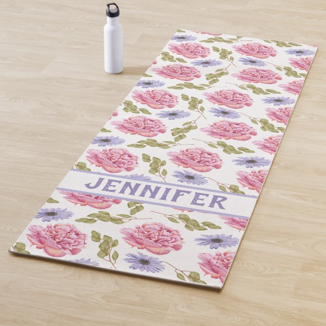 Pretty Pink Purple Garden Floral Botanical Yoga Mat (In Situ)
