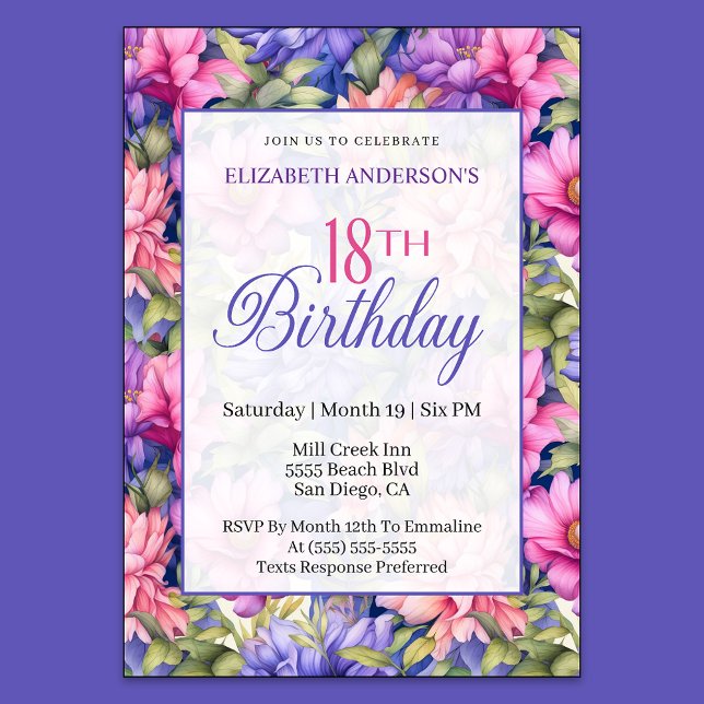 Pretty Pink Purple Garden Flowers 18th Birthday  Invitation (Creator Uploaded)