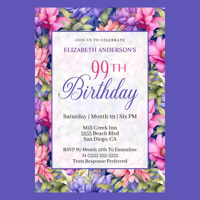 Pretty Pink Purple Garden Flowers 99th Birthday  Invitation (Creator Uploaded)