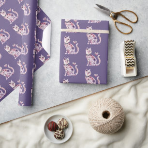 Pretty Pink Purple Hearts Floral Cat Birthday Wrapping Paper