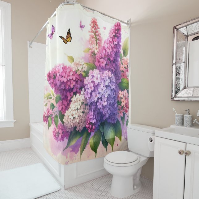 Pretty Pink Purple Lilacs Floral Shower Curtain (In Situ)