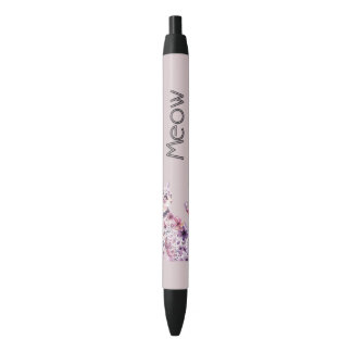 Pretty Pink Purple Roses Floral Cat Black Ink Pen