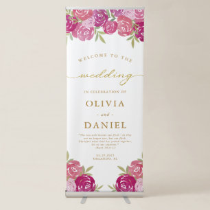 Pretty Pink Purple Roses Wedding Welcome Signage Retractable Banner