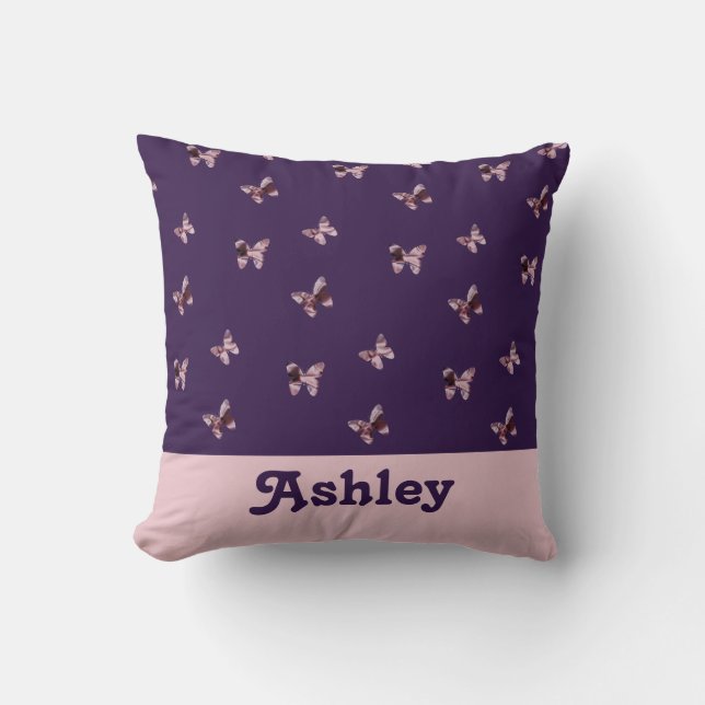 Pretty Pink Purple Satin Butterfly Pattern Animals Cushion (Front)
